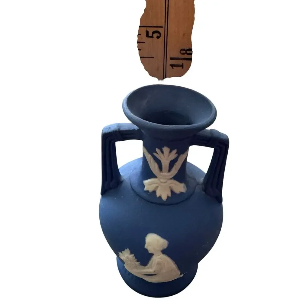 Vintage Wedgewood Blue Jasperware Amphora Bud Vase Woman And Flowers 4” Japan